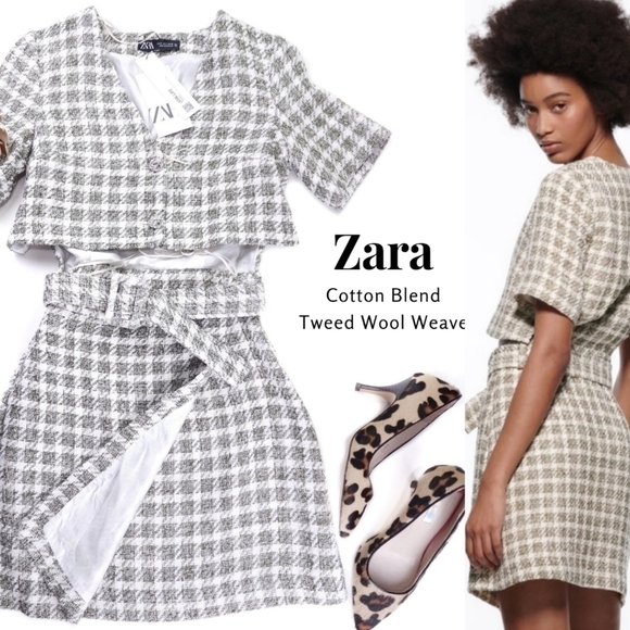 New Zara Grey White Cotton Tweed Weave Dress Size S - Picture 2 of 16
